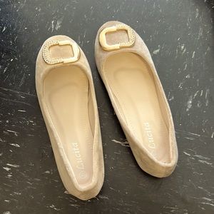 Beige suede with gold and rhinestone design on top